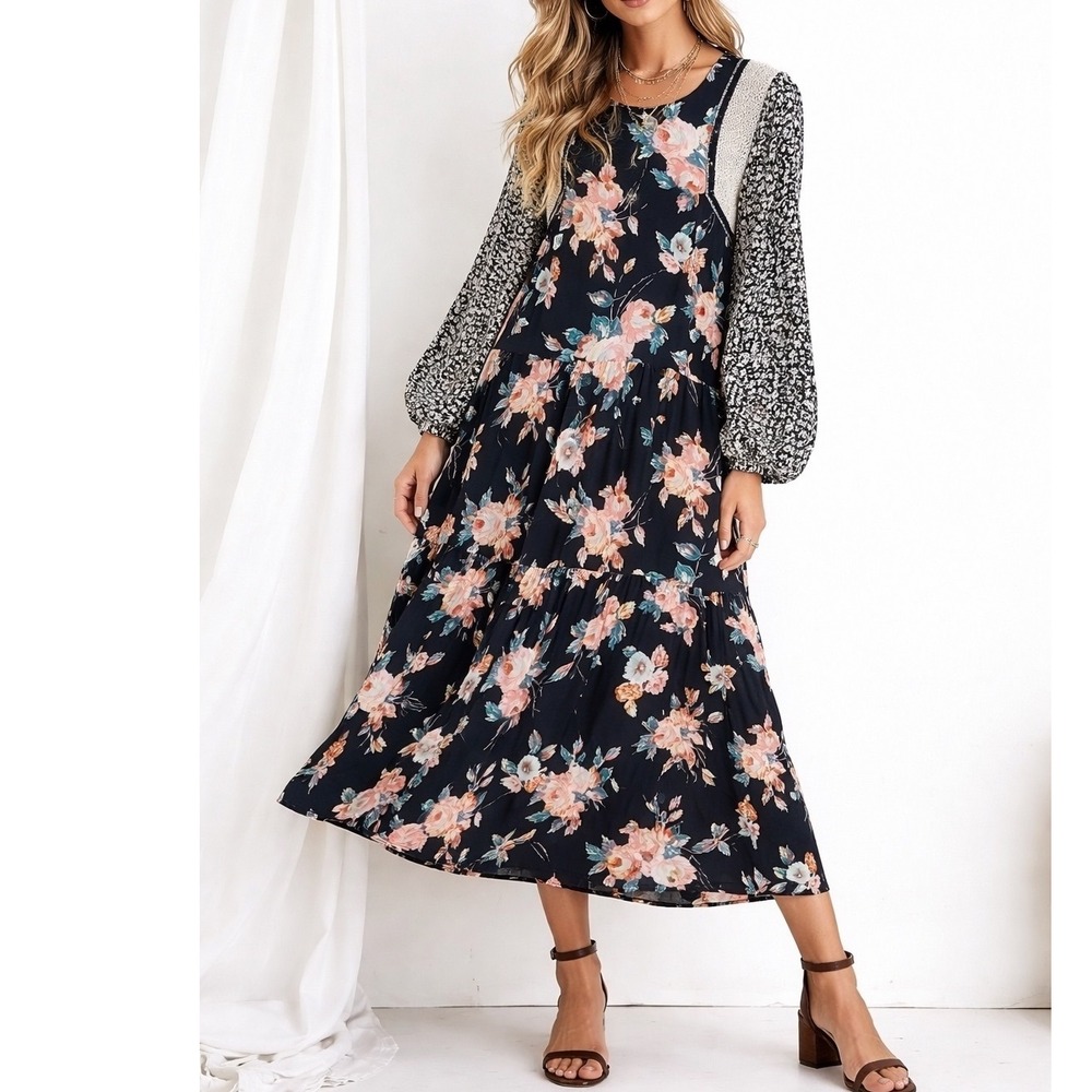 Ivy Jane NWT Uncle Frank Multi Print Floral Animal Print Long Sleeve Maxi Dress